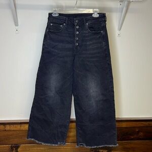 American Eagle Exposed Buttonfly Stretchy Wide Leg Crop Jeans Black Raw Hem- 6